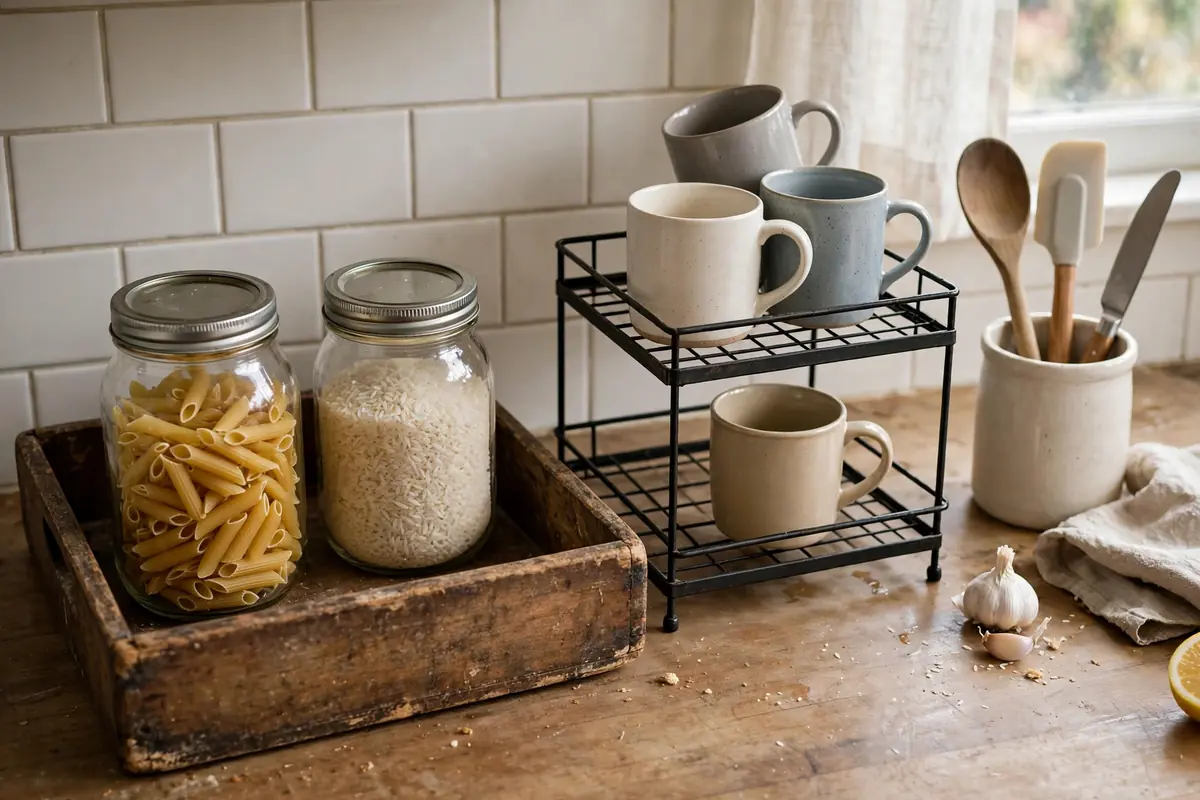 Budget kitchen counter setup with a thrifted tray, glass jars, and a small riser shelf