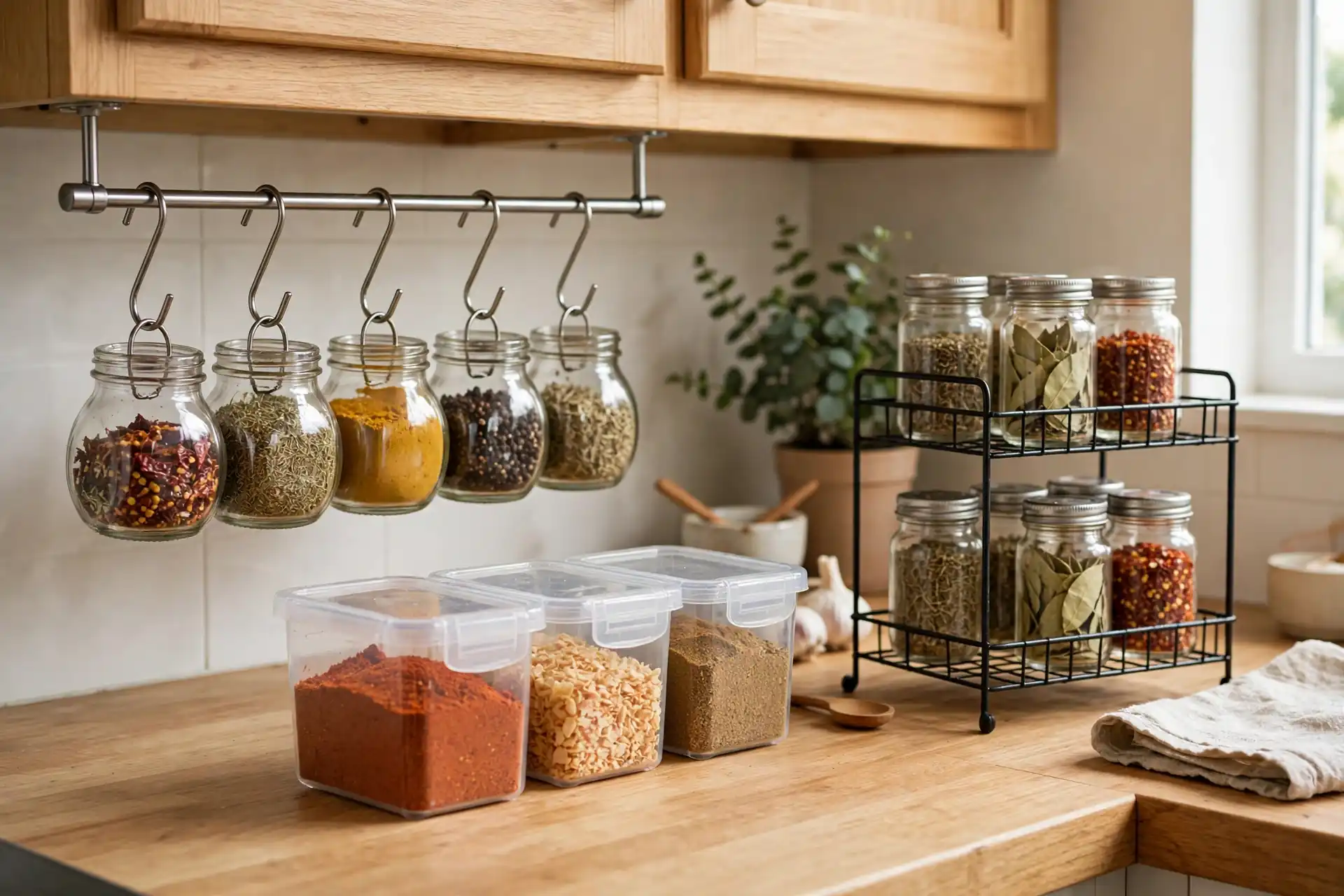 Budget spice organizers on a counter: tension rod, small bins, and a simple wire rack