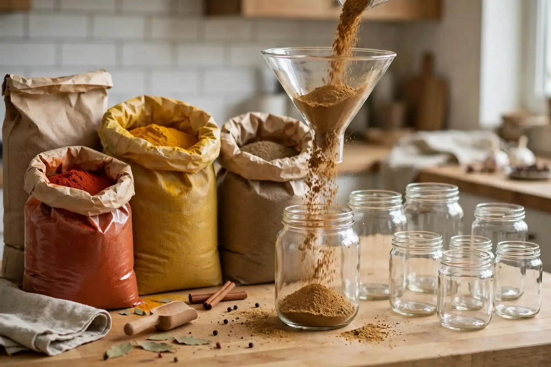 Bulk spice bags being decanted into glass jars with a funnel on a kitchen counter