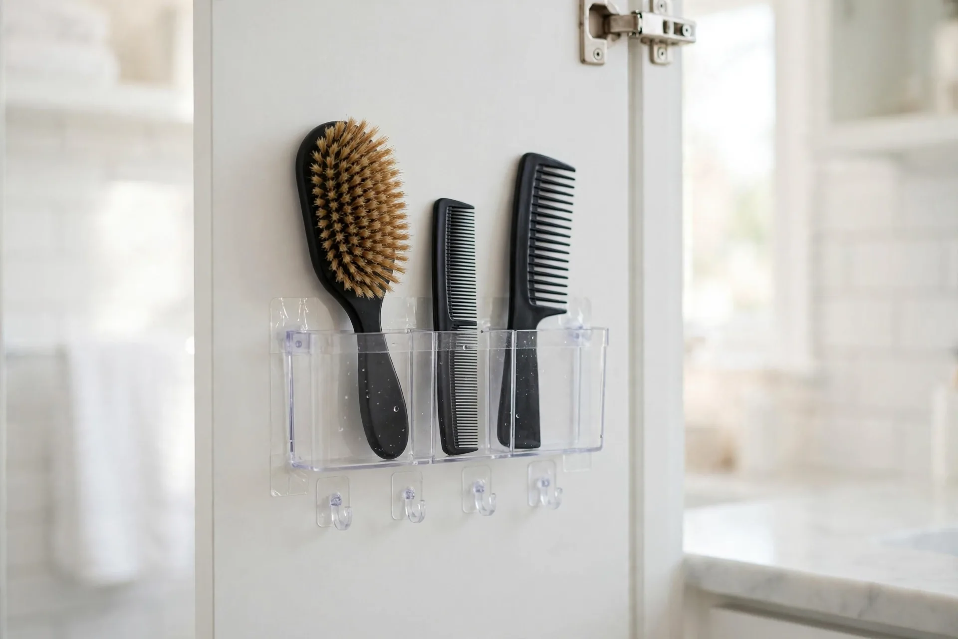 Inside of a bathroom cabinet door with an adhesive caddy holding a hairbrush