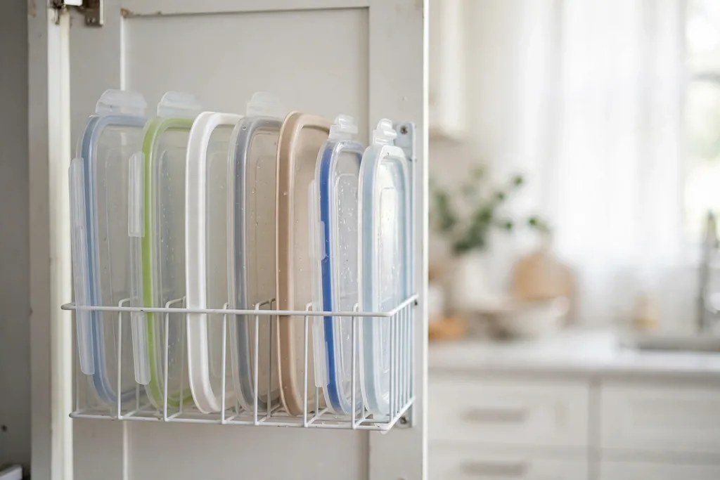 Slim wire rack mounted inside a cabinet door holding flat plastic food container lids