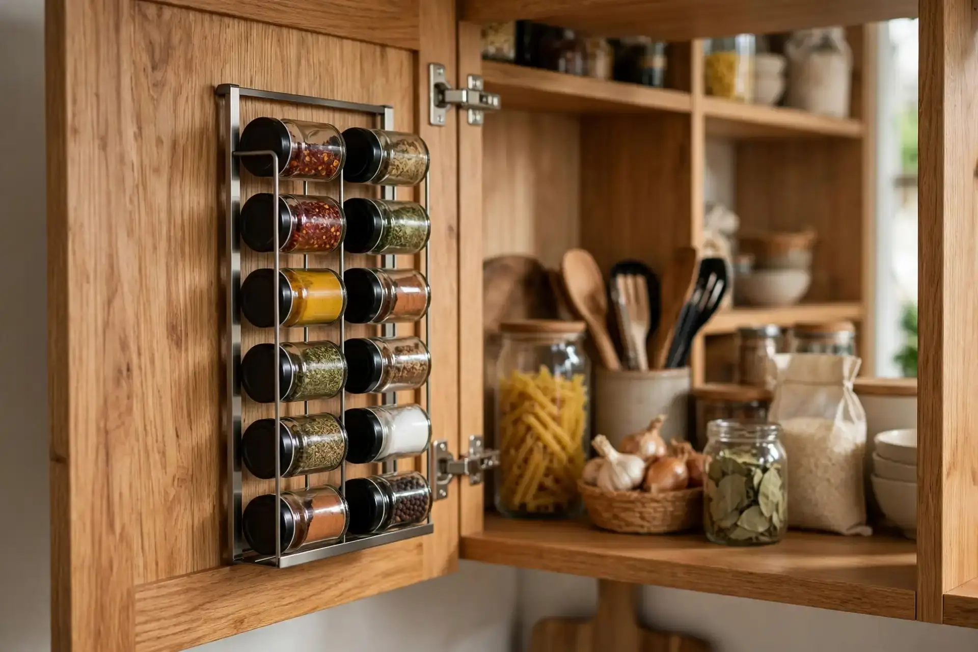 Slim spice rack mounted inside a kitchen cabinet door holding small jars