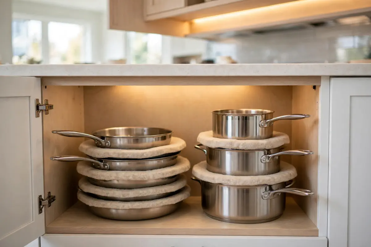Pots stacked in a kitchen cabinet with felt protectors between each pan