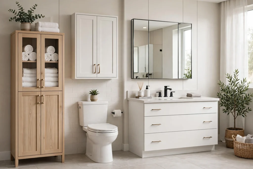 Bathroom storage cabinet types compared: freestanding linen tower, wall-mounted cabinet, medicine cabinet, and vanity cabinet