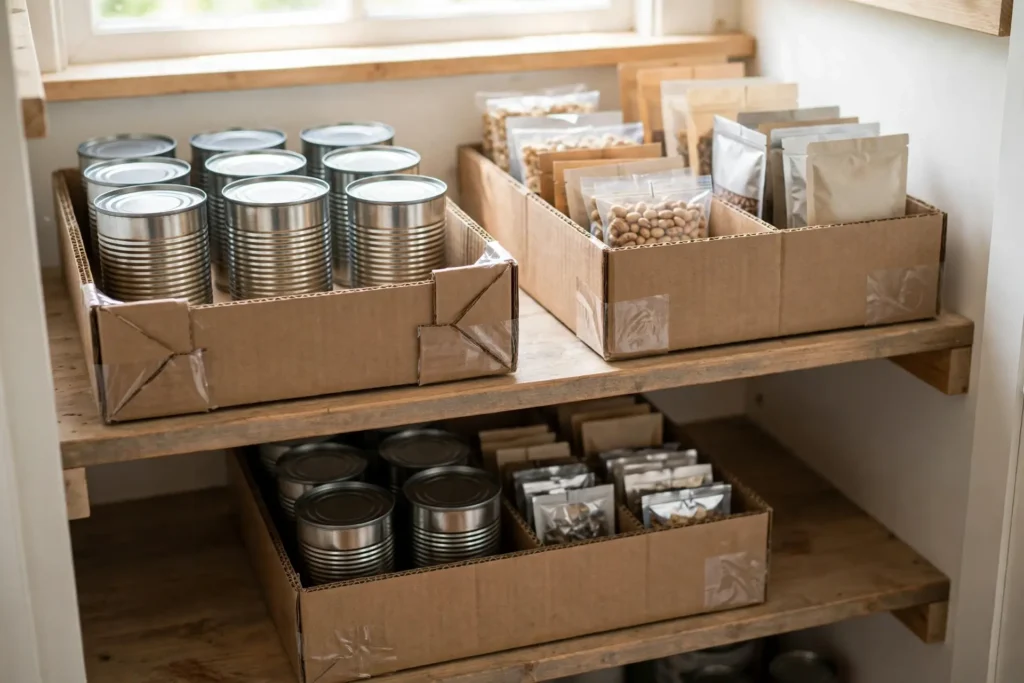 Cardboard boxes cut into trays organizing packets and cans on a pantry shelf