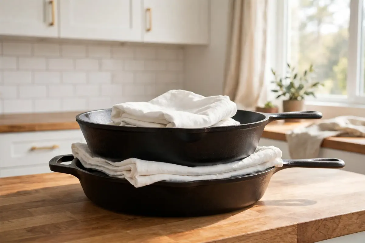 Cast iron skillet stored with a cloth protector between stacked pans