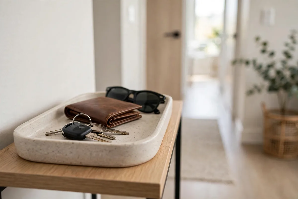 Catch-all tray holding keys, wallet, and sunglasses on an entryway table