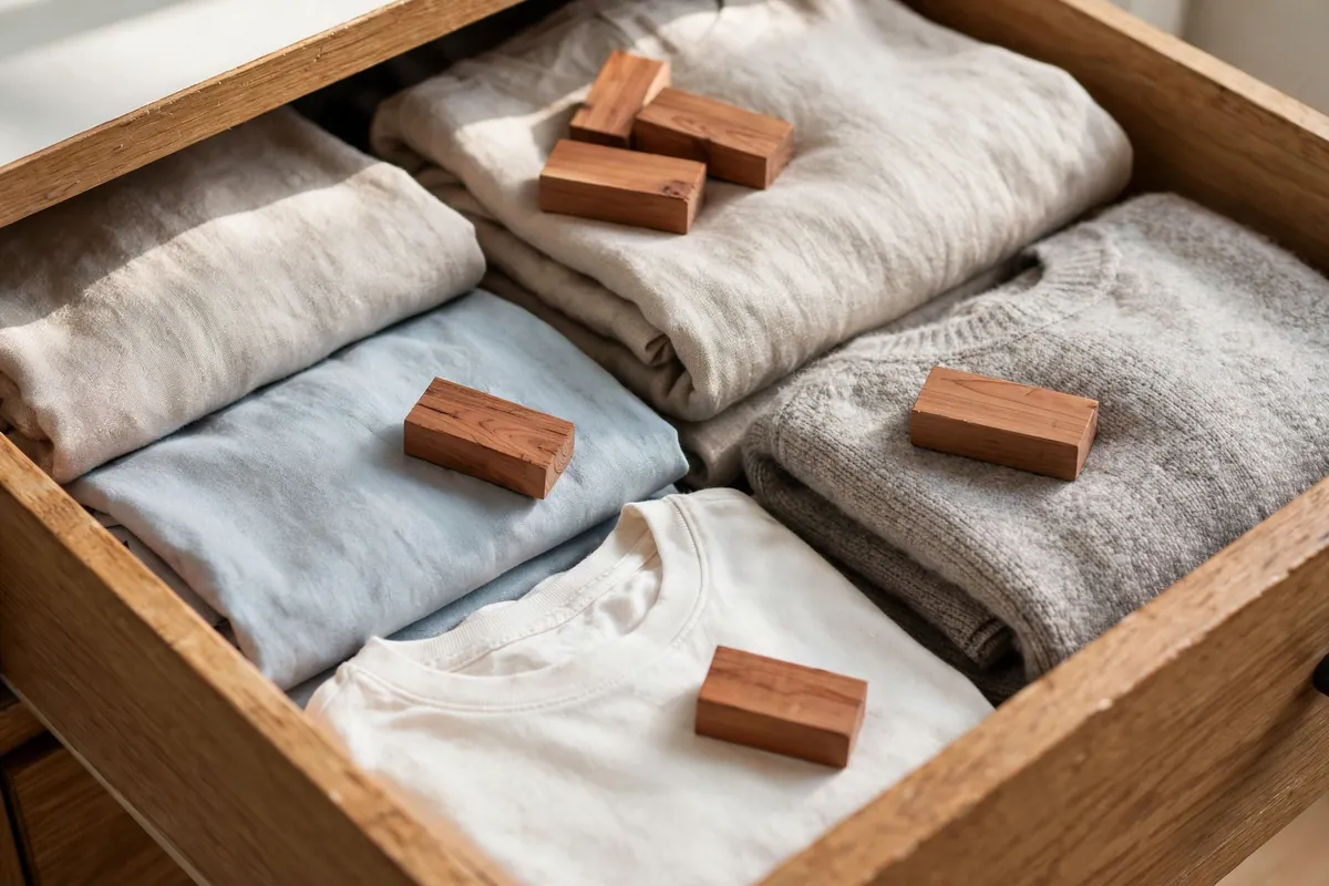 Cedar blocks placed in an organized dresser drawer to keep clothes smelling fresh