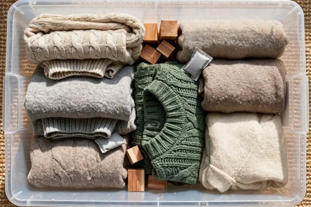 Cedar blocks and desiccant packs placed in an under bed storage bin with folded sweaters