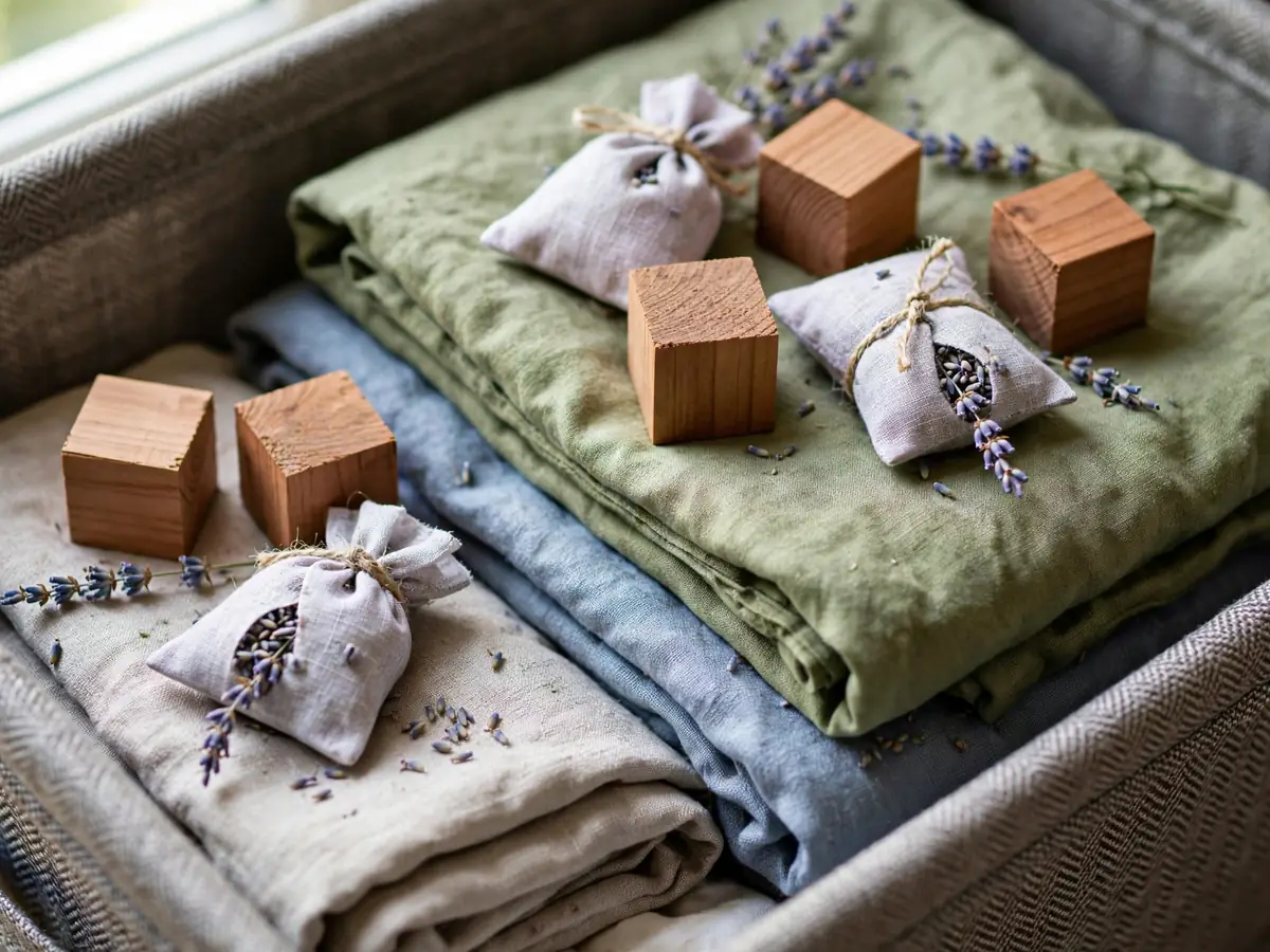 Cedar blocks and lavender sachets on folded clothes in a storage bin