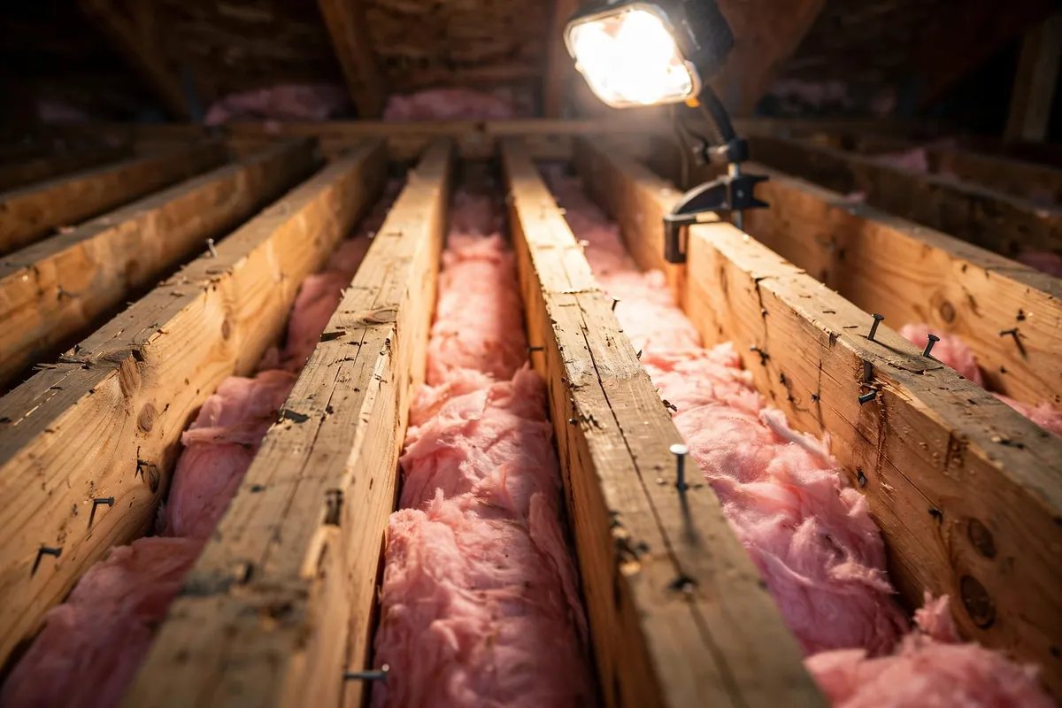 Close-up of wooden ceiling joists in an unfinished attic lit by a work light.