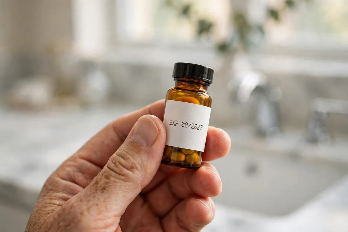 Hand holding a pill bottle checking the expiration date on the label