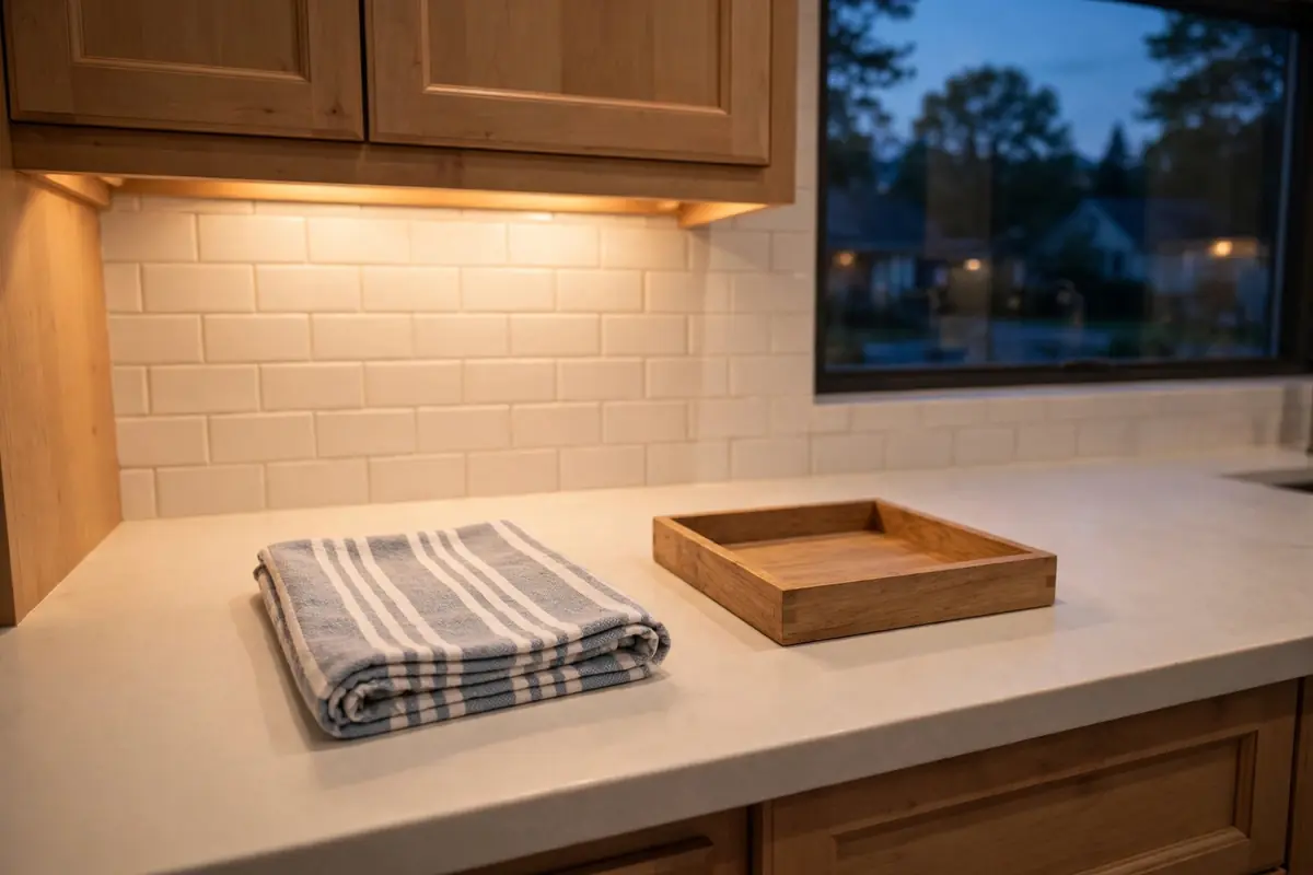 Spotless kitchen counter at night with folded dish towel and small tray
