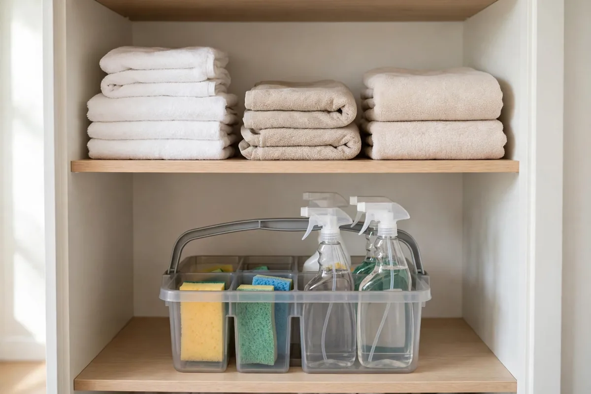 A cleaning supply caddy with spray bottles stored on the bottom shelf of a linen closet