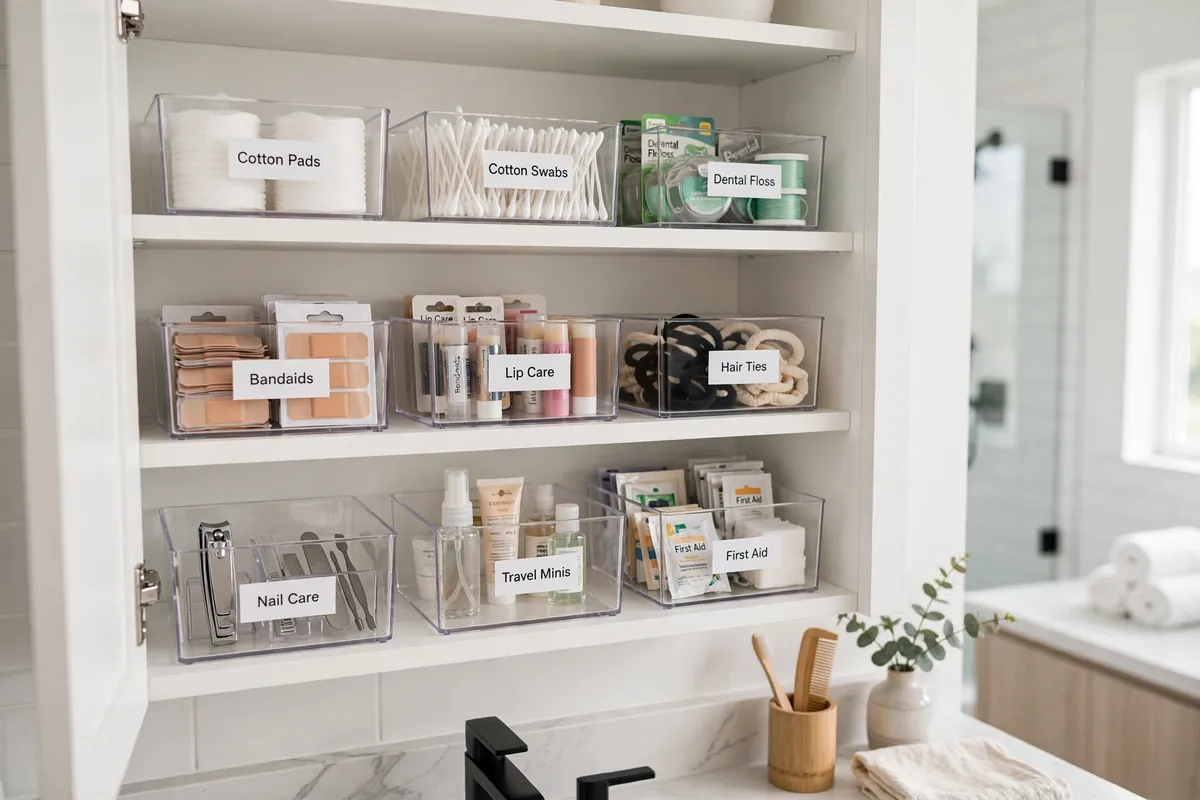 Medicine cabinet organization with clear acrylic bins and white labels on shelves