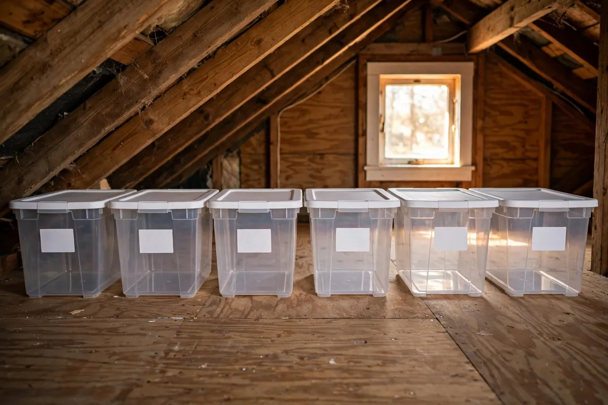 Row of identical clear labeled bins lined up on attic decking under a sloped roof.