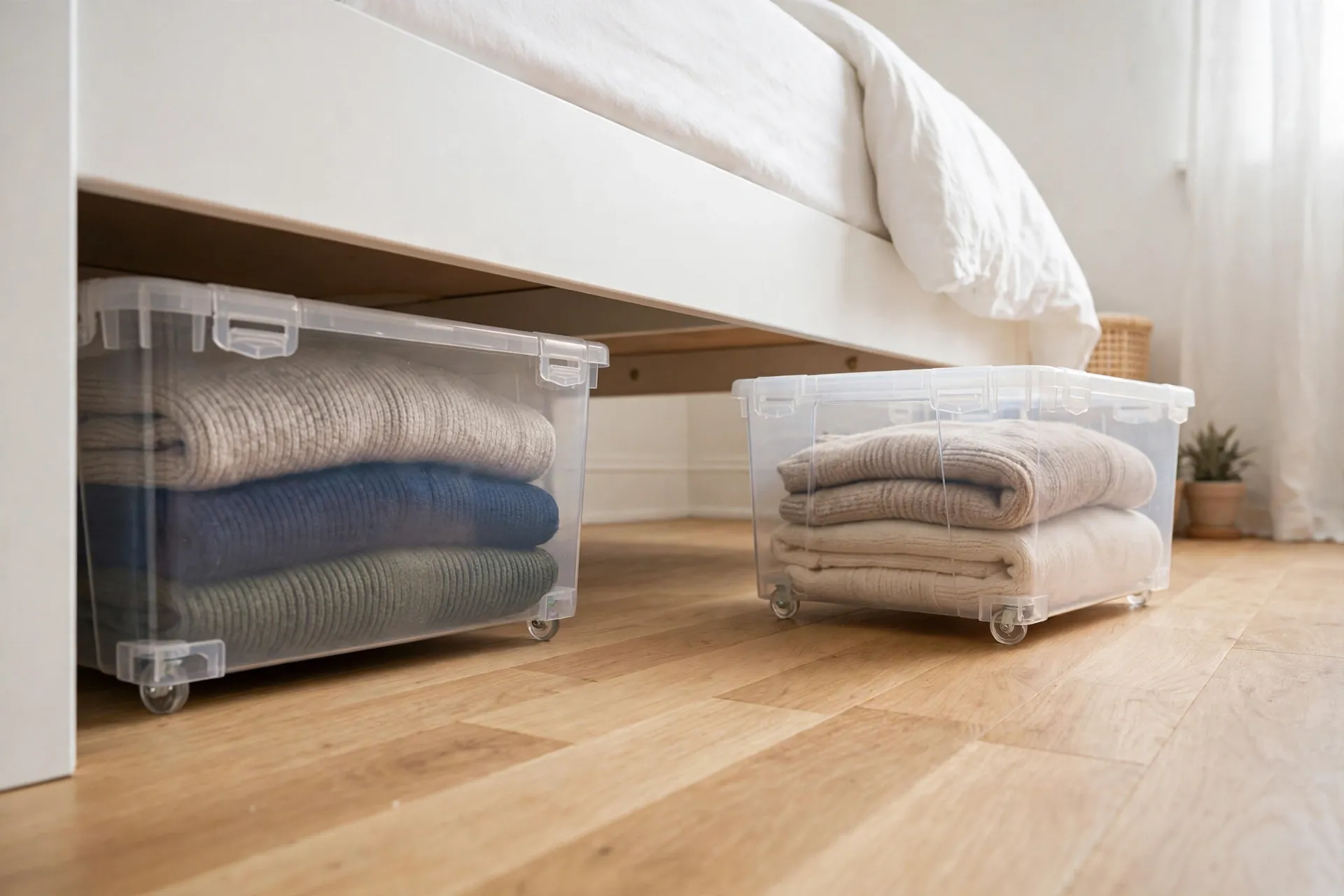 Clear rolling bins with lids sliding under a bed in a small bedroom