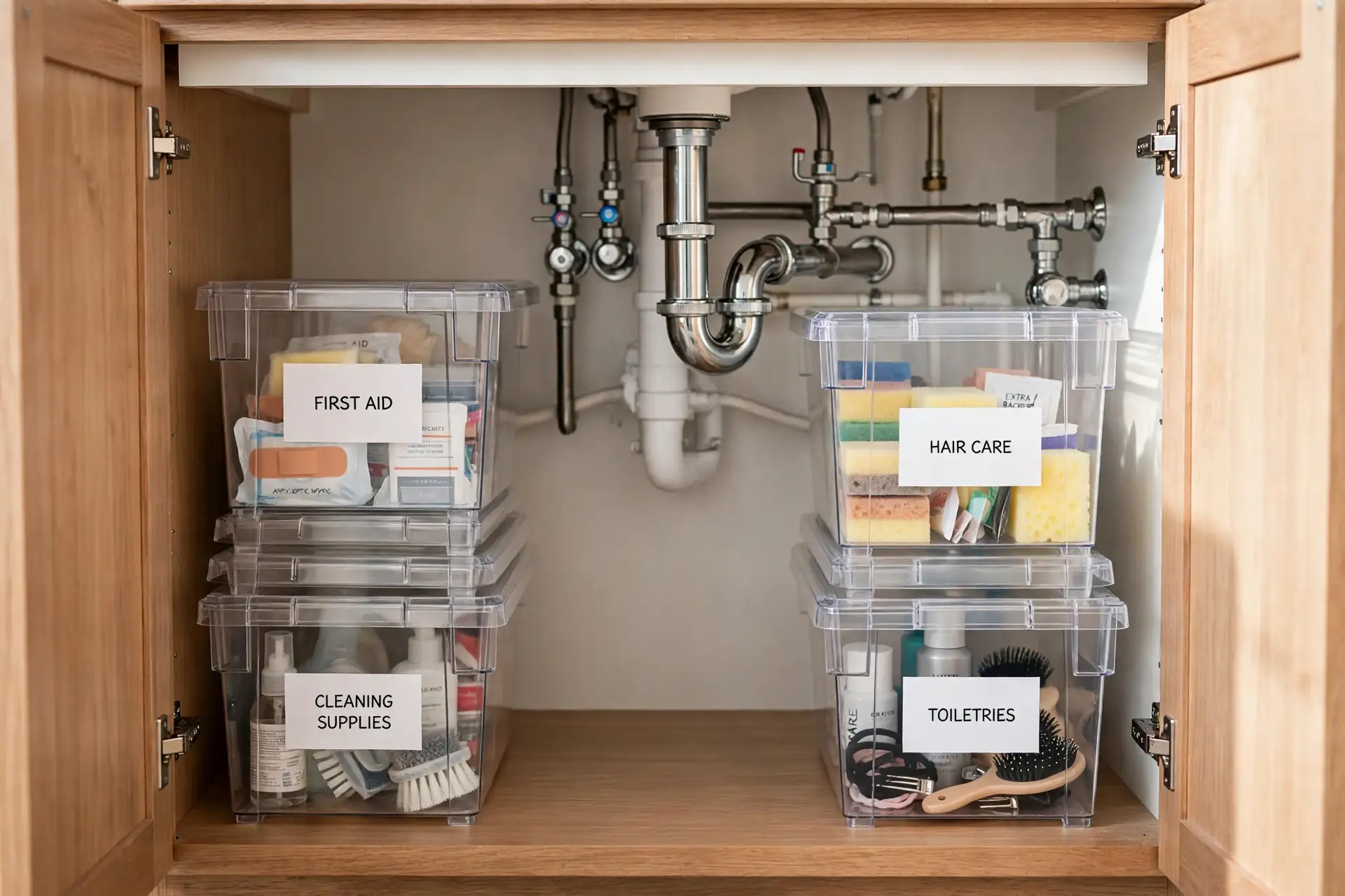 Clear stackable labeled bins organized inside a bathroom vanity cabinet