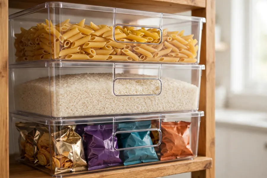 Clear stackable pantry bins with handles holding snacks and canned goods