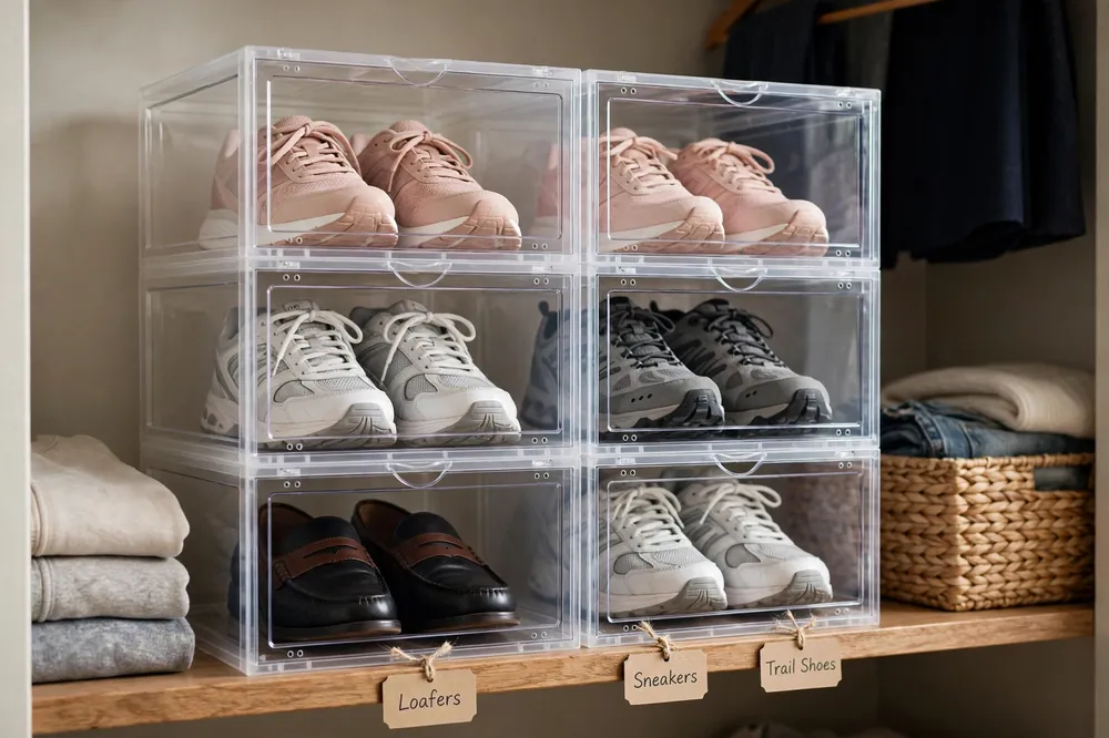 Clear stackable shoe boxes on a closet shelf with shoes visible inside each box