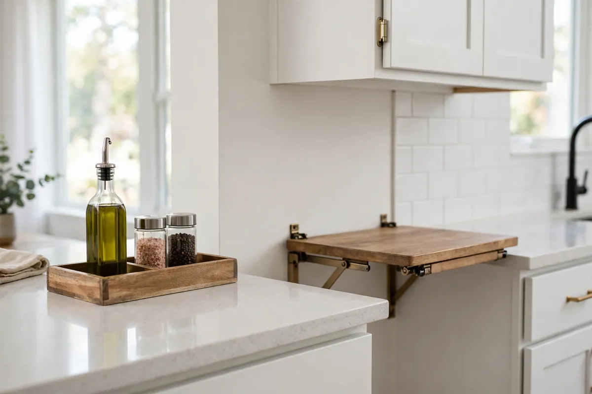 Cleared small countertop with a wooden tray corral and fold-down wall table