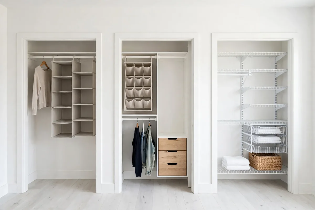 Three small closets showing budget, mid-range, and premium organizer setups side by side.