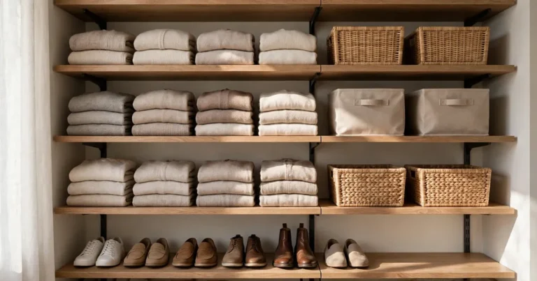 Organized closet shelves with clear dividers, folded clothes, and labeled bins.