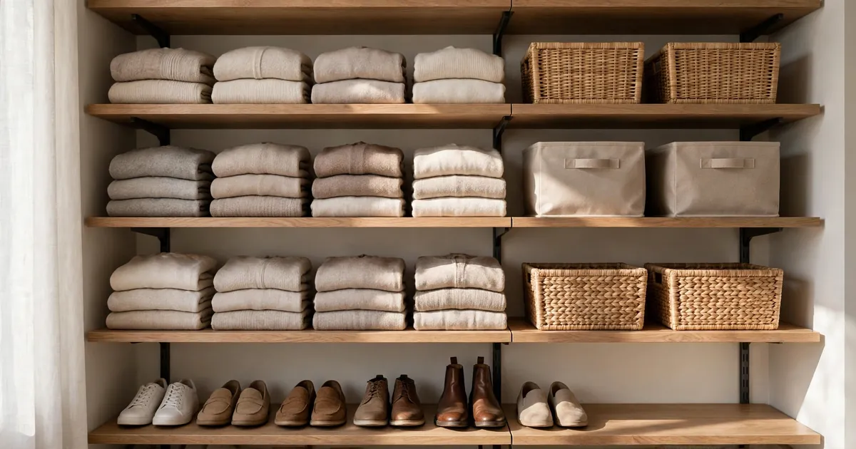 Organized closet shelves with clear dividers, folded clothes, and labeled bins.