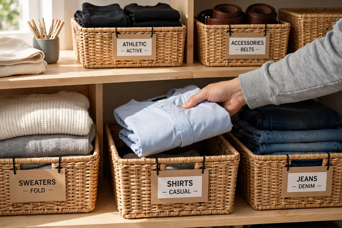Maintaining organized closet shelves with labeled bins.