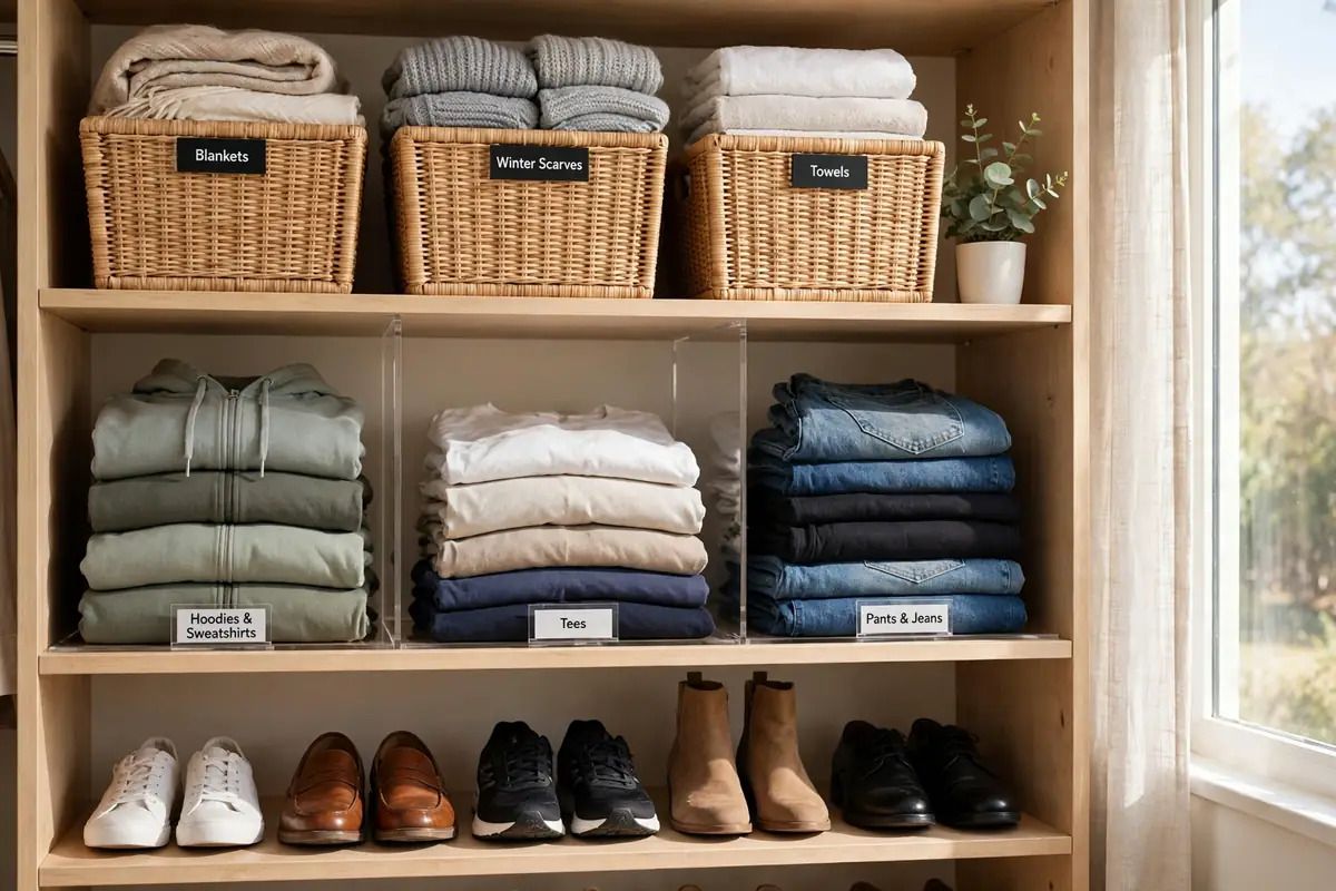 Closet shelves organized in zones: seasonal bins on top, folded clothes at eye level, shoes below.