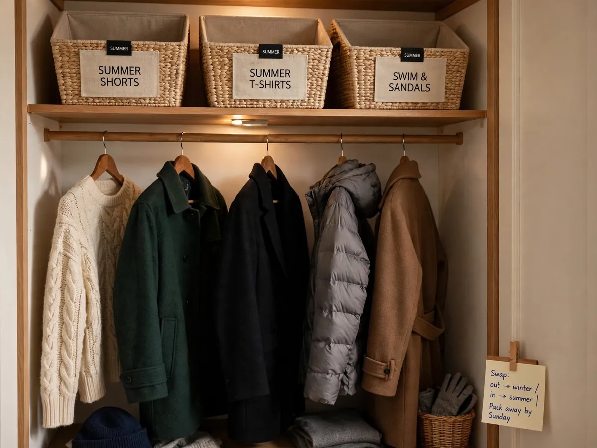 Closet mid wardrobe swap with winter clothes hung and bins on the top shelf