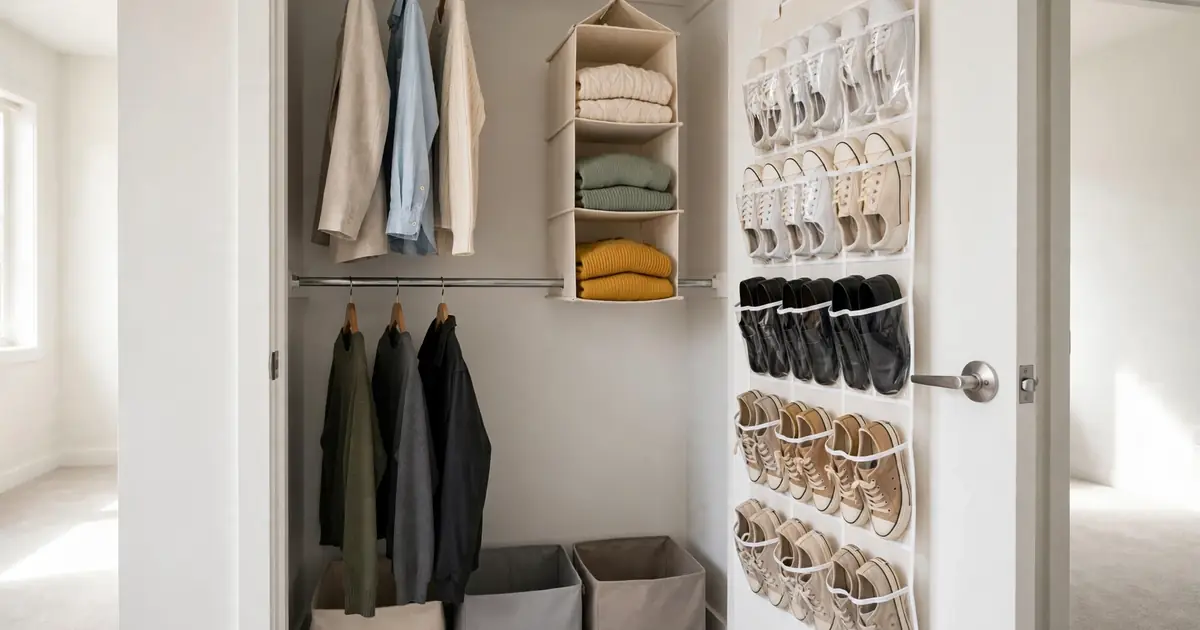 Wide view of a bright rental closet with no built-in shelves, showing double hanging rods, a hanging fabric organizer, and labeled bins on the floor.