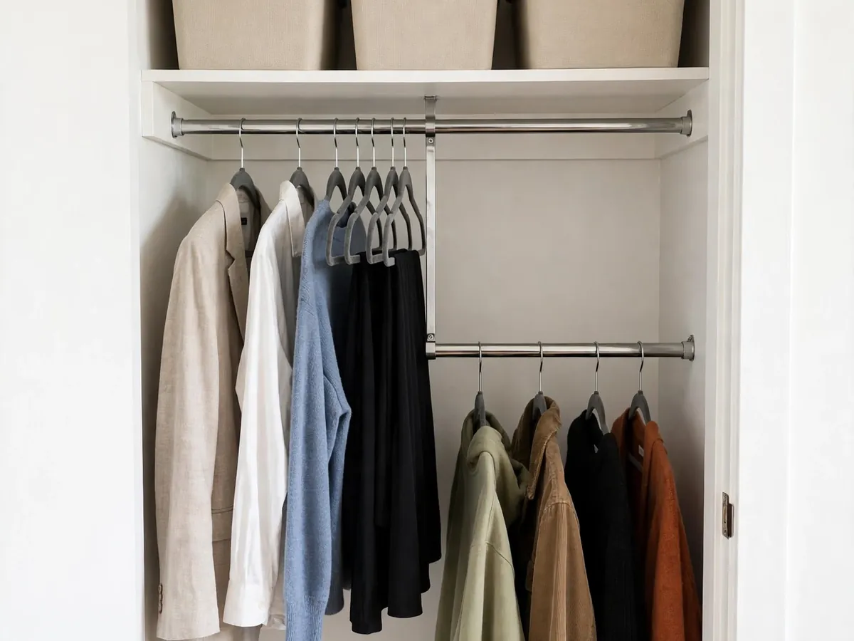 Small studio closet with a double hanging rod and stackable bins