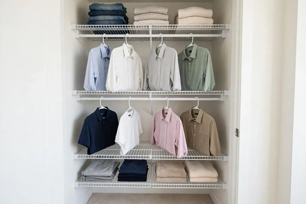 White wire closet organizer system with adjustable shelves and double hanging rods in a small closet.