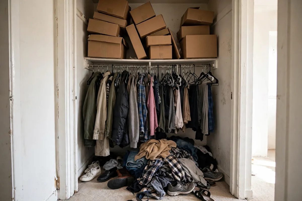 Cluttered small closet before organization, with clothes piled on the floor.