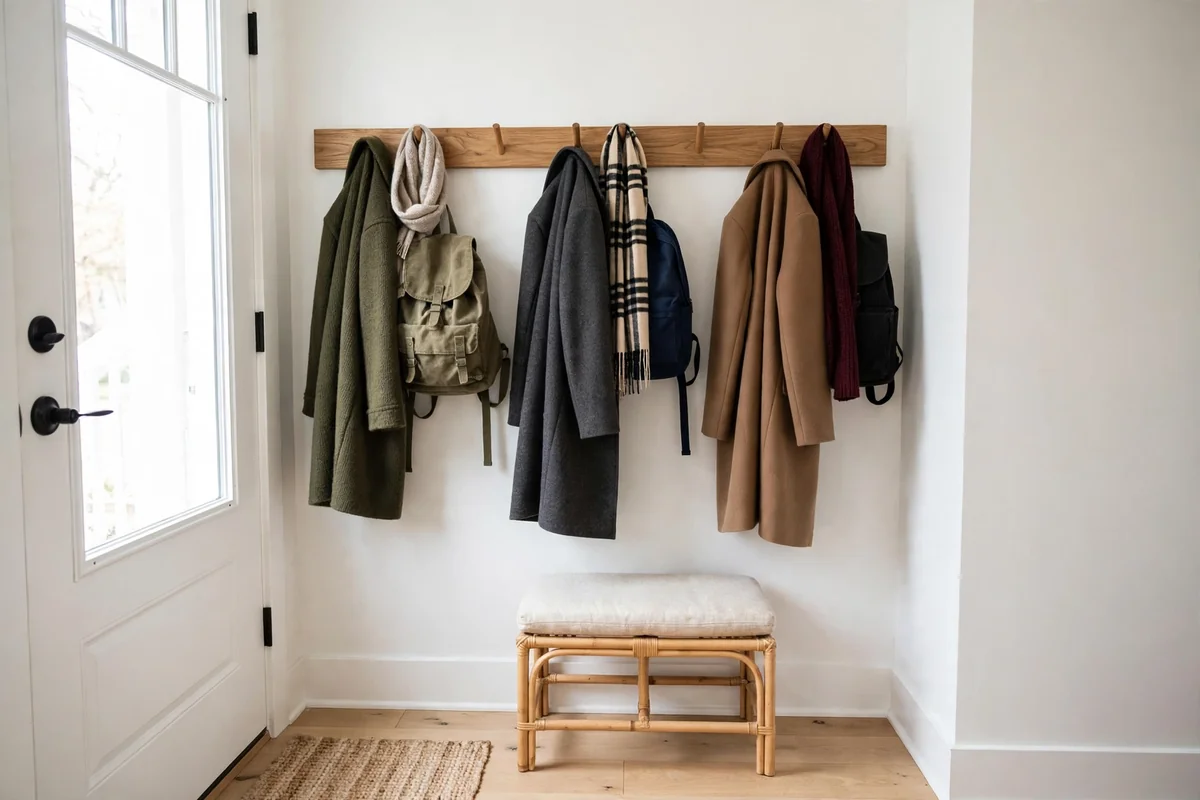 Wooden peg rail with one wool coat, scarf, and bag per hook, spaced evenly