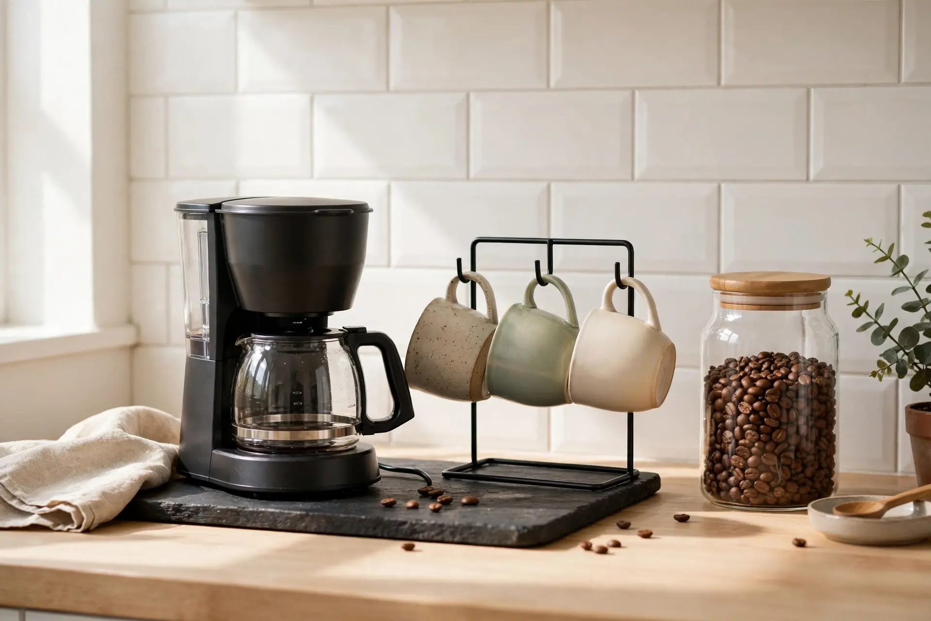 Small coffee station setup on a kitchen counter with mugs and coffee maker