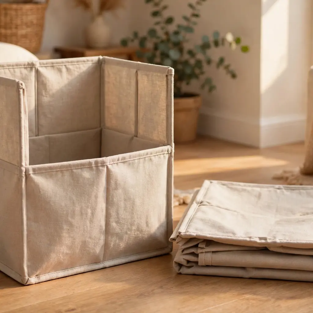 Collapsible fabric storage bins, one open and one folded flat