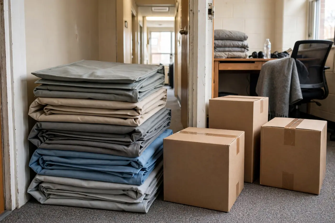 Collapsible fabric storage bins folded flat for dorm move-out day
