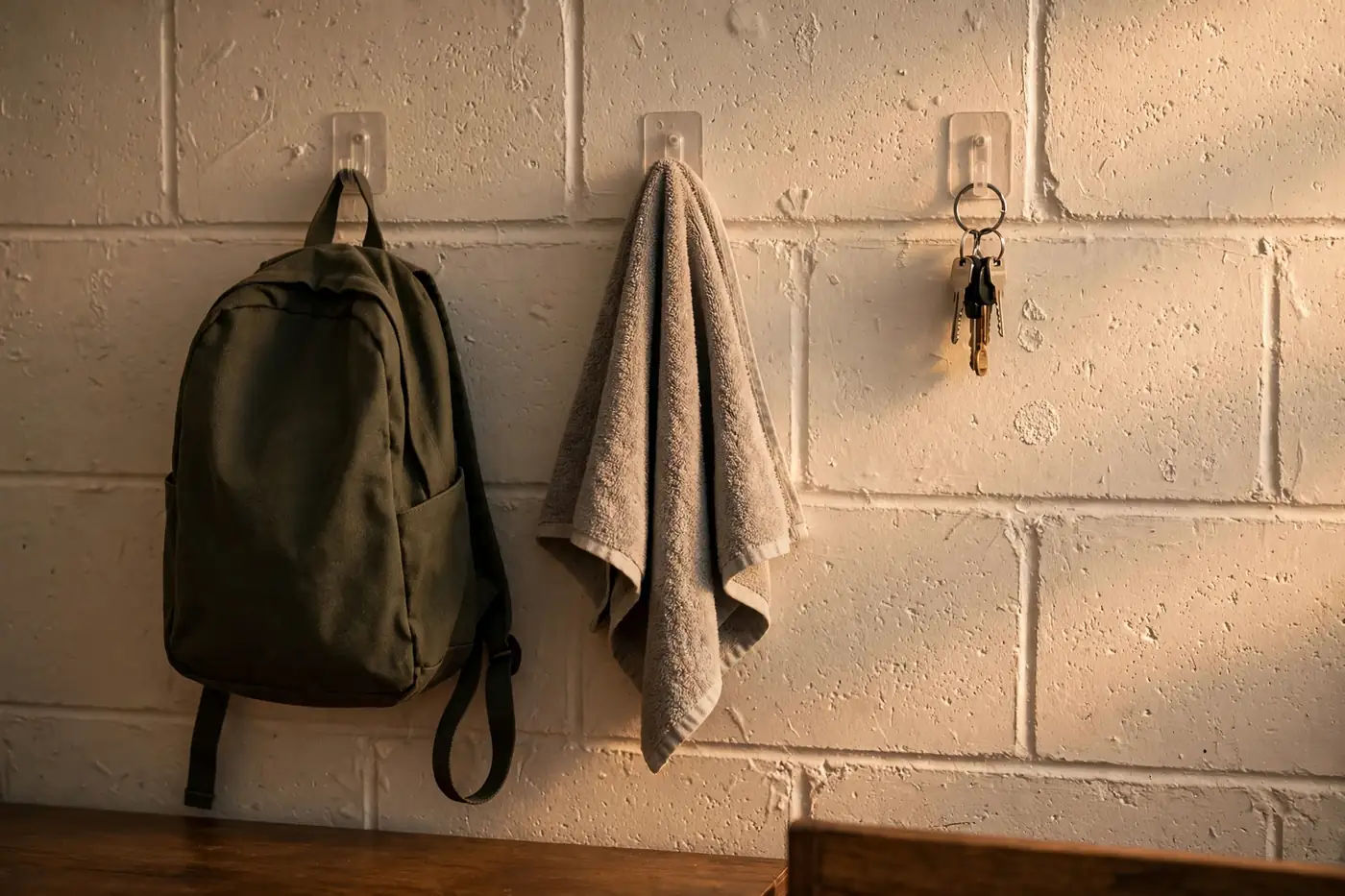 Removable adhesive hooks holding bags and towels on a painted cinder block dorm wall