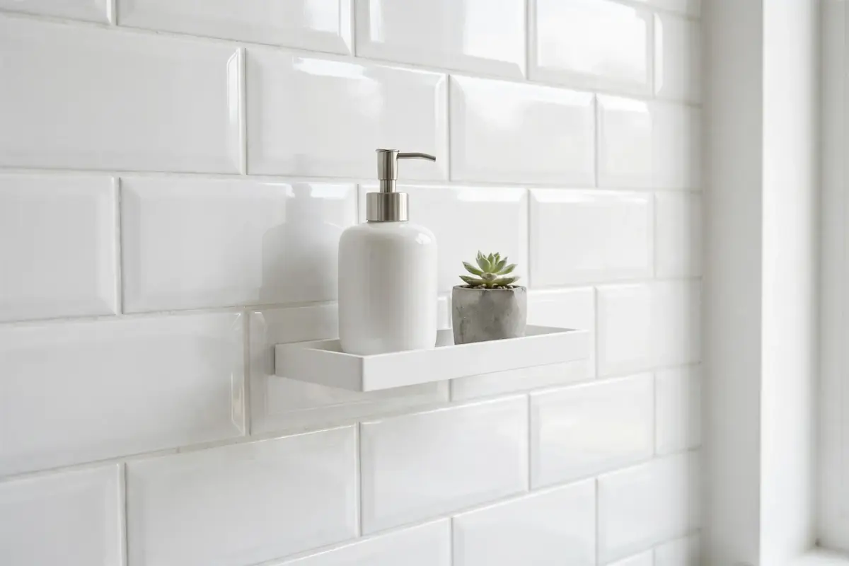 A small adhesive-mounted shelf on bathroom tile holding a soap dispenser and a succulent, no drill holes visible