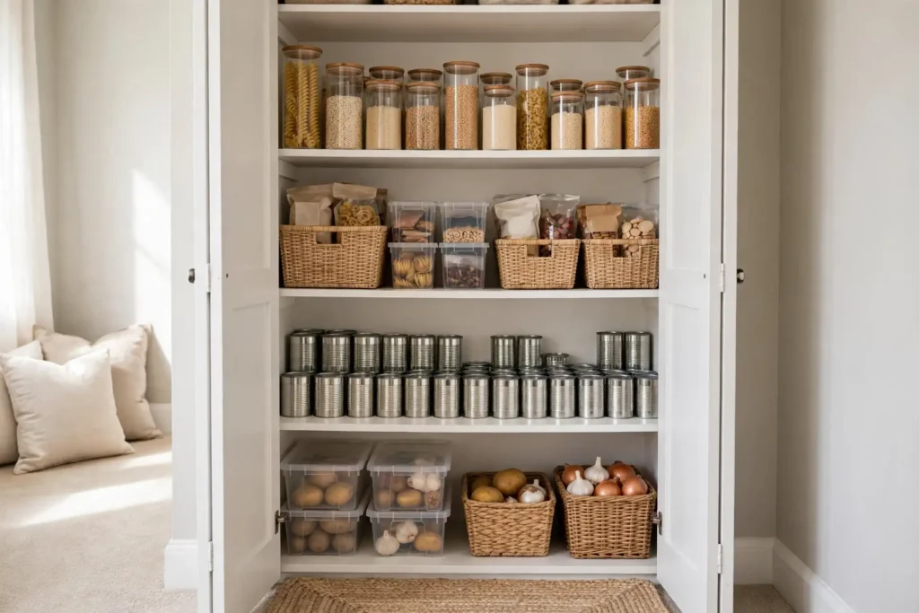 Small closet converted into a pantry with new shelves of organized food