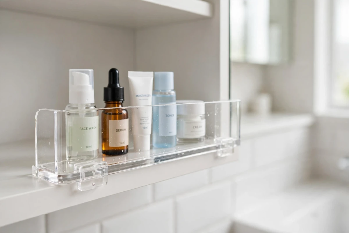 Clear plastic corner guard rail on the front edge of a medicine cabinet shelf
