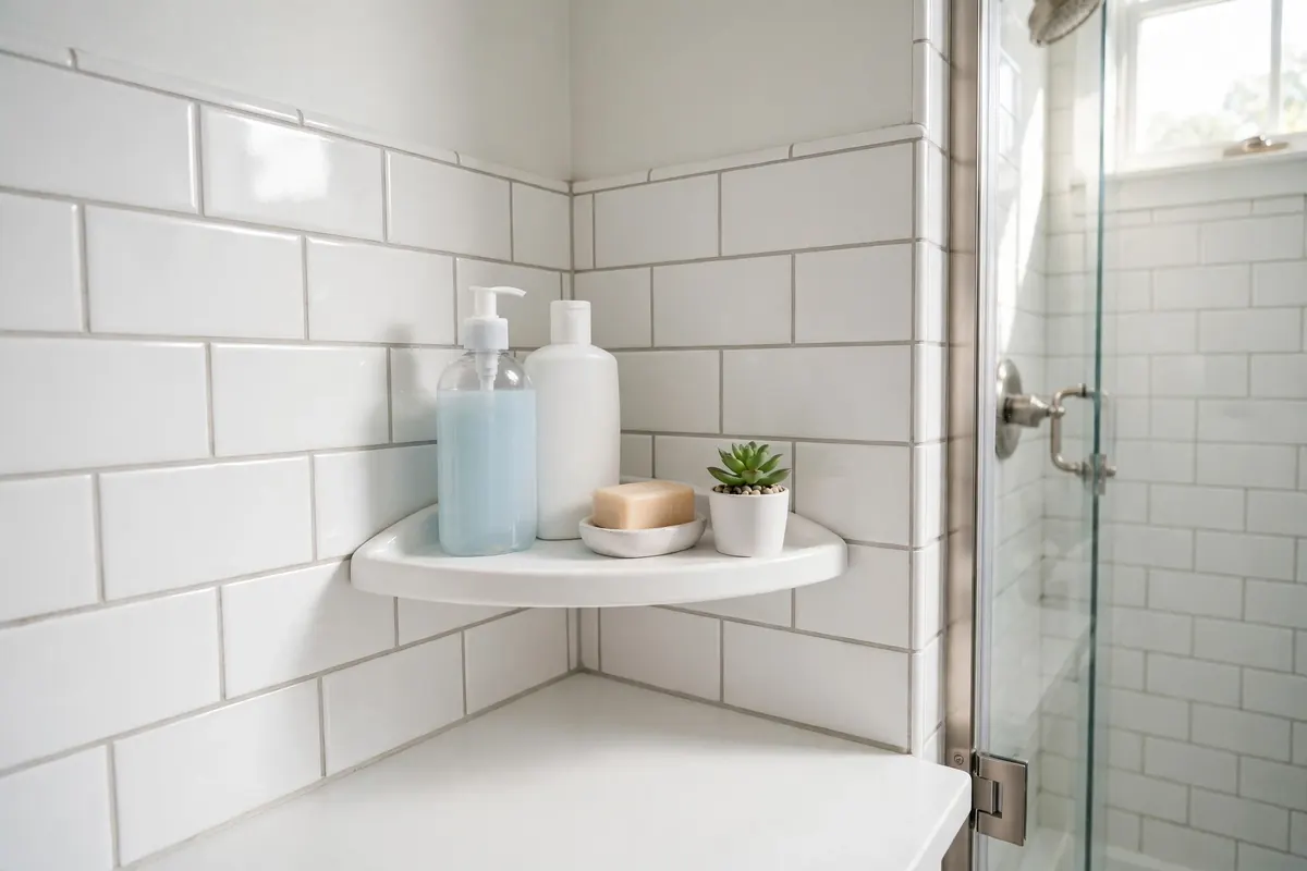 A white ceramic corner triangle shelf mounted where two shower walls meet, holding shampoo, soap, and a small succulent