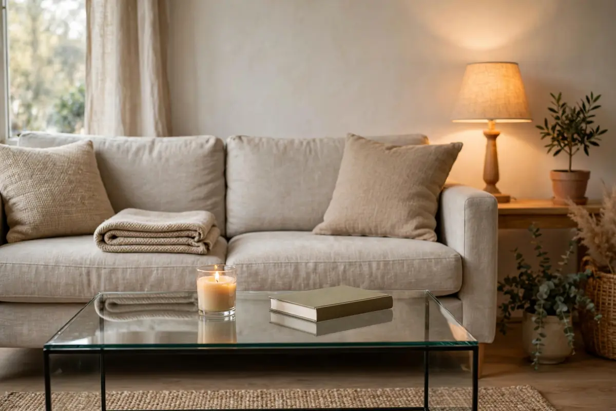 Decluttered living room with clear surfaces and a few fall touches