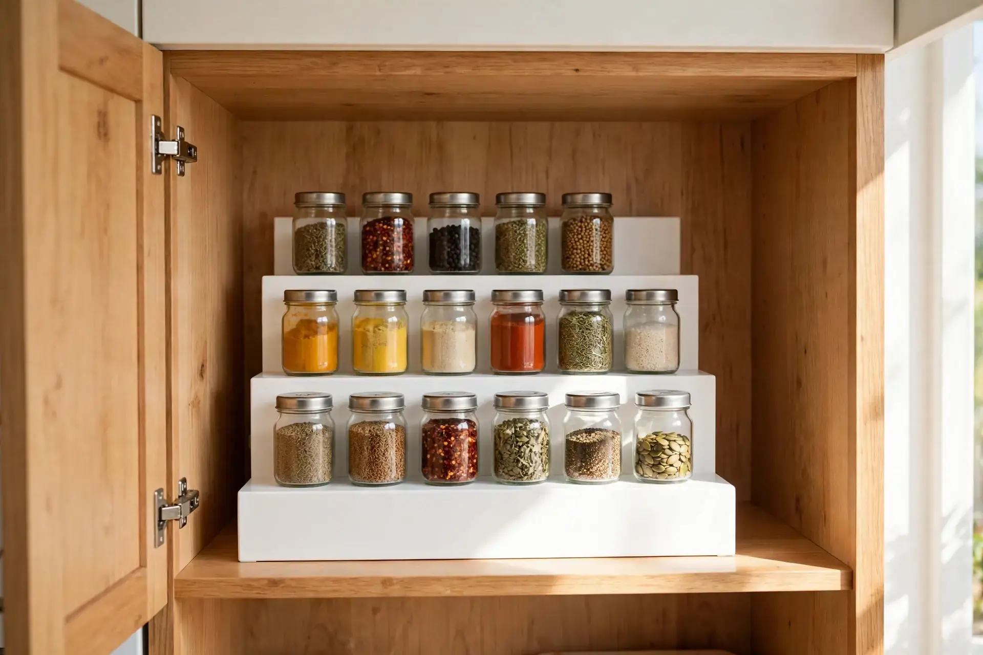 Kitchen cupboard with stepped shelf risers holding spice jars in two visible rows