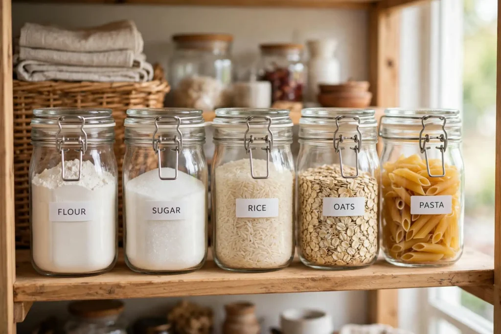 Clear airtight containers with labeled decanted flour, rice, and pasta