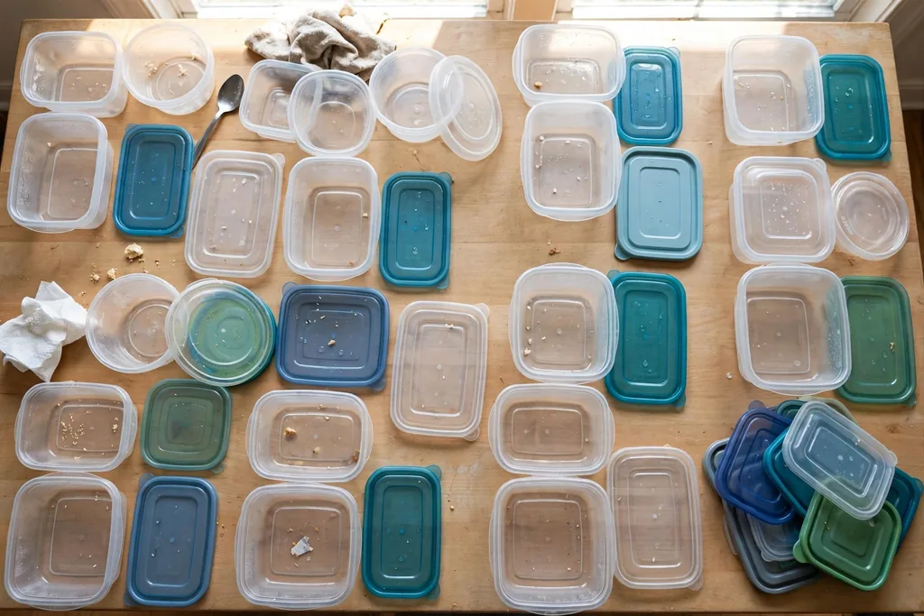 Food containers and lids spread across a kitchen table being matched into pairs with orphans set aside