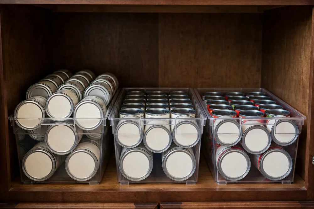 Clear bins inside a deep kitchen cabinet holding canned soups, beans, and tomatoes by category
