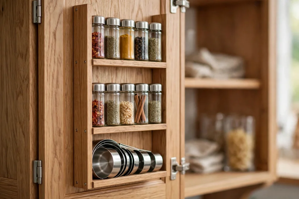Inside of a kitchen cabinet door fitted with a narrow spice rack holding small spice jars and measuring cups